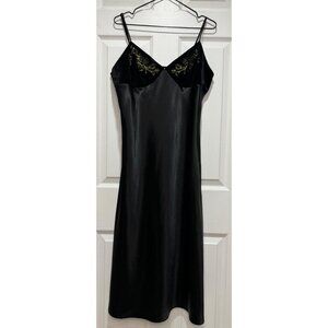 Vtg Morgan Size L Taylor Intimates Black Satin & Velvet Embroidered Slip Dress